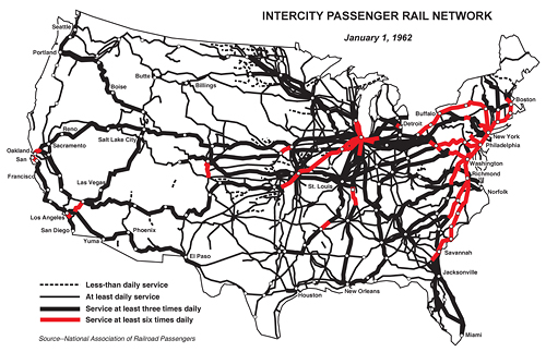 In 1962, a robust web of passenger rail service skirted across the U.S. 